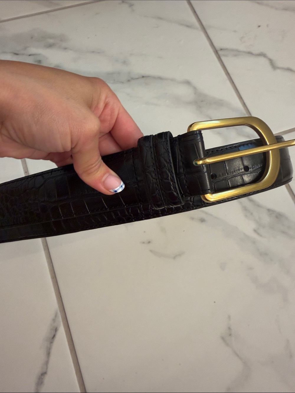 Express Black Croc-Embossed Leather Belt with Gold Buckle